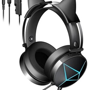 Cat Ear Headphones with Noise Canceling Microphone and Surround Sound, Gaming Headset with Removable Cat Ears, LED Lights, Compatible with PC, Xbox One, PS4, PS5, Switch, Black Gamer Headset Wired