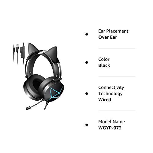Cat Ear Headphones with Noise Canceling Microphone and Surround Sound, Gaming Headset with Removable Cat Ears, LED Lights, Compatible with PC, Xbox One, PS4, PS5, Switch, Black Gamer Headset Wired