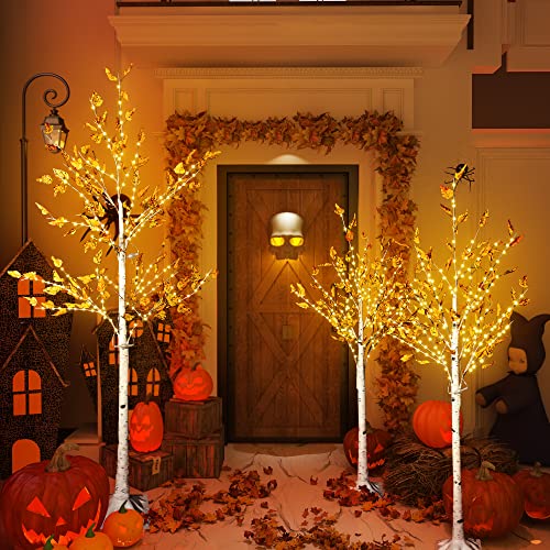 Recaceik Light Fall Maple Trees with 360 LEDs, Set of 3 Artificial Pre-Lit LED Christmas Tree Maple Leaf 4' 5' 6' for Autumn Fall Decor Halloween Thanksgiving Festival Wedding Party, White