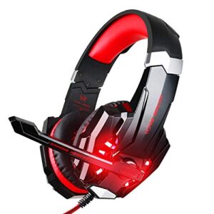 bluefire stereo gaming headset for ps4, ps5, pc, xbox one, noise cancelling over ear headphones with mic, led light, bass surround, soft memory earmuffs for laptop nintendo switch (black-red)