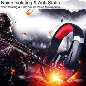 BlueFire Stereo Gaming Headset for PS4, PS5, PC, Xbox One, Noise Cancelling Over Ear Headphones with Mic, LED Light, Bass Surround, Soft Memory Earmuffs for Laptop Nintendo Switch (Black-Red)