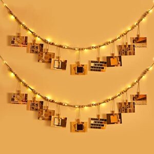 2 pcs led wall hanging photo display with wooden beads boho garland decor 4.75 feet string lights with 9 diy photo collage card holders clips for christmas home light decor