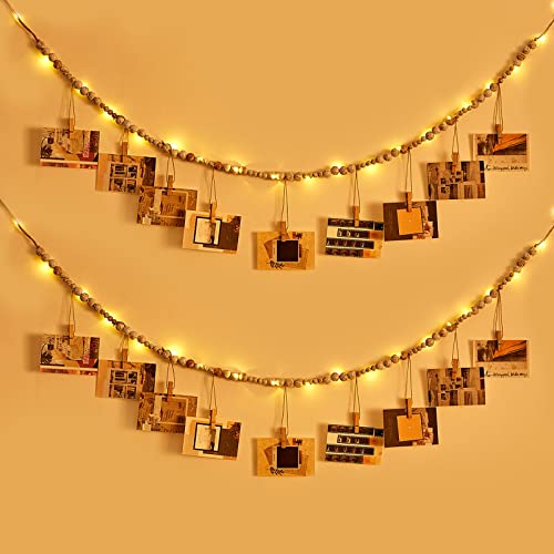 2 Pcs LED Wall Hanging Photo Display with Wooden Beads Boho Garland Decor 4.75 Feet String Lights with 9 DIY Photo Collage Card Holders Clips for Christmas Home Light Decor