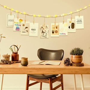 2 Pcs LED Wall Hanging Photo Display with Wooden Beads Boho Garland Decor 4.75 Feet String Lights with 9 DIY Photo Collage Card Holders Clips for Christmas Home Light Decor