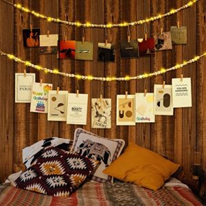 2 Pcs LED Wall Hanging Photo Display with Wooden Beads Boho Garland Decor 4.75 Feet String Lights with 9 DIY Photo Collage Card Holders Clips for Christmas Home Light Decor