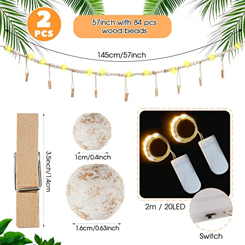 2 Pcs LED Wall Hanging Photo Display with Wooden Beads Boho Garland Decor 4.75 Feet String Lights with 9 DIY Photo Collage Card Holders Clips for Christmas Home Light Decor