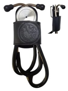 stethoscope holder pro with clip,handmade in usa genuine leather .perfect for physicians, nurses, emt, medical nursing student. no more neck carrying, work with comfort (black 1)