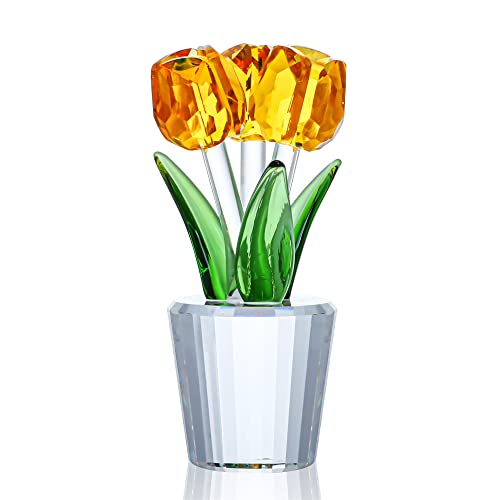 H&D HYALINE & DORA Crystal Tulips Flower Figurines, Yellow Glass Bouquet Collectible Figurines Home Decor Ornaments Gift Idea for Mothers Day, Valentine's Day, Wedding Party,Christmas Day