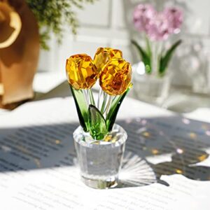 H&D HYALINE & DORA Crystal Tulips Flower Figurines, Yellow Glass Bouquet Collectible Figurines Home Decor Ornaments Gift Idea for Mothers Day, Valentine's Day, Wedding Party,Christmas Day