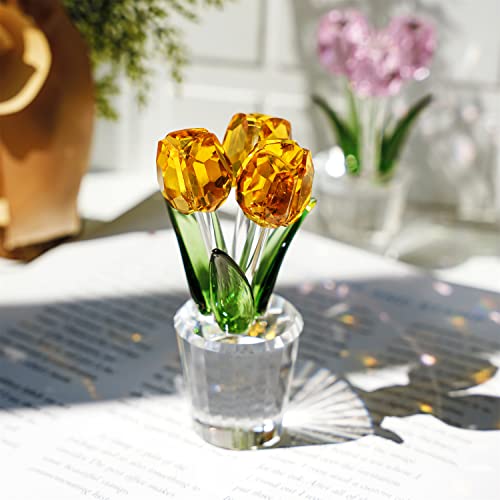 H&D HYALINE & DORA Crystal Tulips Flower Figurines, Yellow Glass Bouquet Collectible Figurines Home Decor Ornaments Gift Idea for Mothers Day, Valentine's Day, Wedding Party,Christmas Day