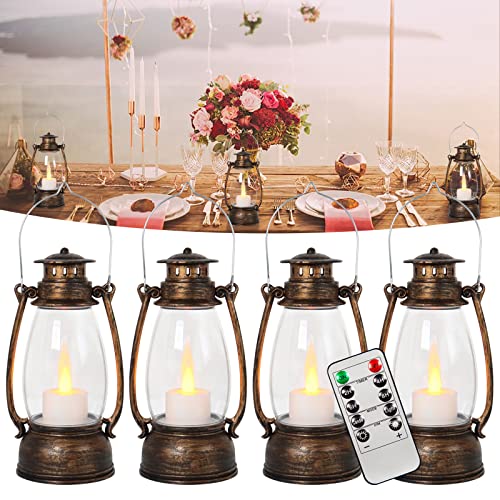 Reperla Vintage Remote Lantern Decor, 4-Pack Flickering LED Candle Lantern Good Sized Portable Lantern Indoor Outdoor Hanging Lanterns for Wedding Centerpiece,Halloween,Christmas,Farmhouse Decorative