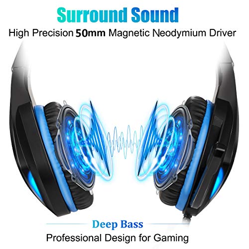 HaiDiKaiSi Gaming Headset for PS4 PC Xbox One PS5 Controller, Noise Cancelling Over Ear Headphones with Mic, Gaming Headphones for Laptop Mac Switch with LED Lights Deep Bass for Kids Adults Blue