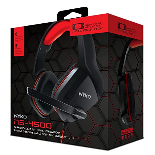 Nyko Ns-4500 Wired Headset for Nintendo Switch - Lightweight Headphones w/Adjustable Microphone - Compatible w/ PS4, PS5, Xbox One, Xbox X/S & Switch - Nintendo Switch Accessories (Black/Red)