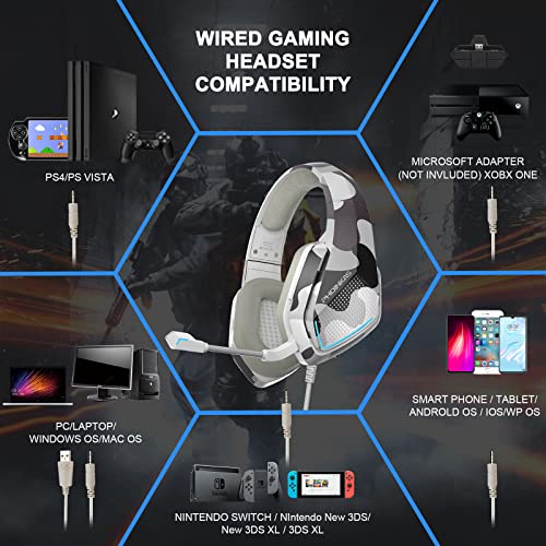 PS4 Headset with Stereo Sound, Gaming Headset for PC Xbox One PS5 Switch, H5 Over Ear Headphones with Noise Cancelling Mic, LED Light, Soft Memory Earmuffs for Laptop Tablet Phone NES Games (Camo)