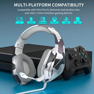 PS4 Headset with Stereo Sound, Gaming Headset for PC Xbox One PS5 Switch, H5 Over Ear Headphones with Noise Cancelling Mic, LED Light, Soft Memory Earmuffs for Laptop Tablet Phone NES Games (Camo)