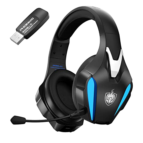 PHOINIKAS 2.4G Wireless Gaming Headset for PS4 PS5 PC Nintendo Switch, Wireless Over Ear Gamer Headphones with Detachable Mic, 3.5mm Wired Gaming Headset for Xbox One/Phone, 7.1 Stereo Sound - Blue