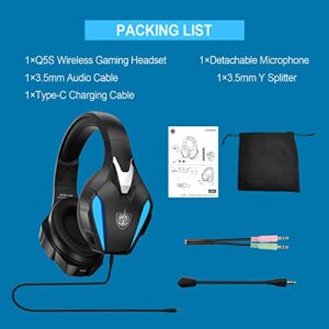 PHOINIKAS 2.4G Wireless Gaming Headset for PS4 PS5 PC Nintendo Switch, Wireless Over Ear Gamer Headphones with Detachable Mic, 3.5mm Wired Gaming Headset for Xbox One/Phone, 7.1 Stereo Sound - Blue