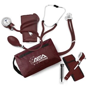 ASA TECHMED Nurse Essentials Professional Kit with Handheld Travel Case | 3 Part Kit Includes Adult Aneroid Sphygmomanometer Blood Pressure Monitor, Stethoscope, Diagnostic Otoscope (Maroon)