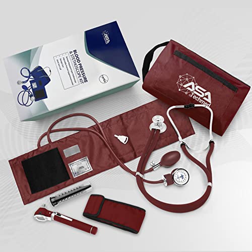 ASA TECHMED Nurse Essentials Professional Kit with Handheld Travel Case | 3 Part Kit Includes Adult Aneroid Sphygmomanometer Blood Pressure Monitor, Stethoscope, Diagnostic Otoscope (Maroon)