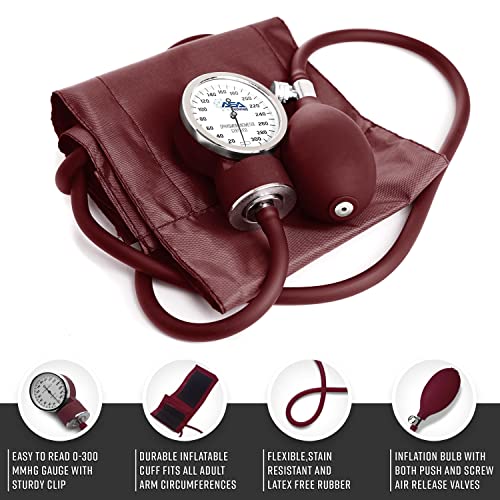 ASA TECHMED Nurse Essentials Professional Kit with Handheld Travel Case | 3 Part Kit Includes Adult Aneroid Sphygmomanometer Blood Pressure Monitor, Stethoscope, Diagnostic Otoscope (Maroon)