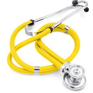 mabis stethoscope sprague rappaport 5 in 1 for heart sounds and murmurs on adult, pediatric and infants, 5 interchangeable chest pieces, 3 bells and 2 diaphragms, 22 inch y tubing, retail box, yellow