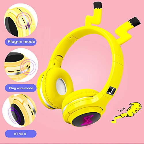 SVYHUOK Kids Wireless Bluetooth Headphones,Cute Pikachu Over-Ear Headphones with Built-in Microphone,Wireless and Wired Headset for Phones,Tablets,PC,Laptop, for Boys Girls Toddler,Yellow