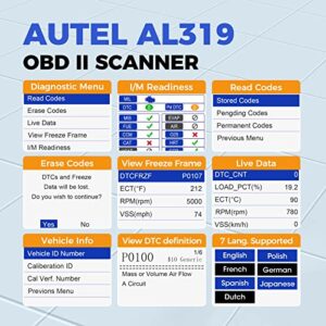 Autel OBD2 Scanner Autolink AL319 Code Reader Read and Erase Codes Check State Emission Monitor Status Powerful Scan and Car Diagnostic Tool