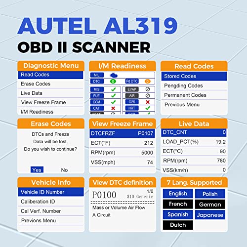 Autel OBD2 Scanner Autolink AL319 Code Reader Read and Erase Codes Check State Emission Monitor Status Powerful Scan and Car Diagnostic Tool