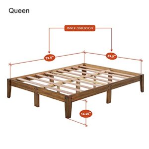 PrimaSleep 14 Inch Solid Wood Platform Bed Frame, Queen, Light Brown