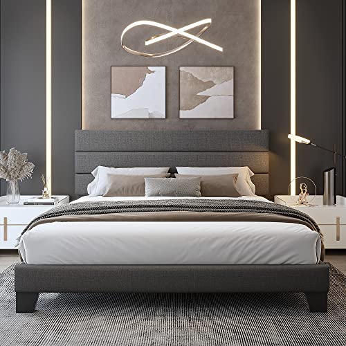 WEEWAY King Bed Frame Platform Bed with Linen Fabric Upholstered Headboard and Wooden Slats Support, Heavy Duty Mattress Foundation, No Box Spring Needed, Easy Assembly, Dark Grey