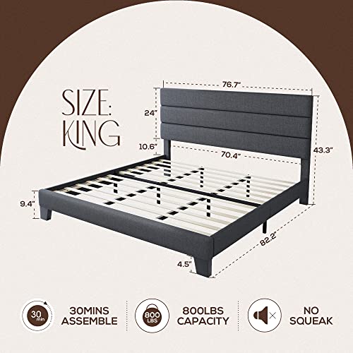 WEEWAY King Bed Frame Platform Bed with Linen Fabric Upholstered Headboard and Wooden Slats Support, Heavy Duty Mattress Foundation, No Box Spring Needed, Easy Assembly, Dark Grey