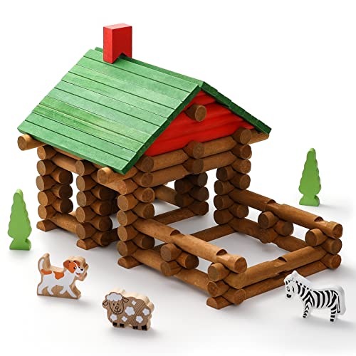 SainSmart Jr. 110 PCS Wooden Log Cabin Set Building House Toy for Toddlers, Classic STEM Construction Kit with Colorful Wood Logs Blocks for 3+ Years Old