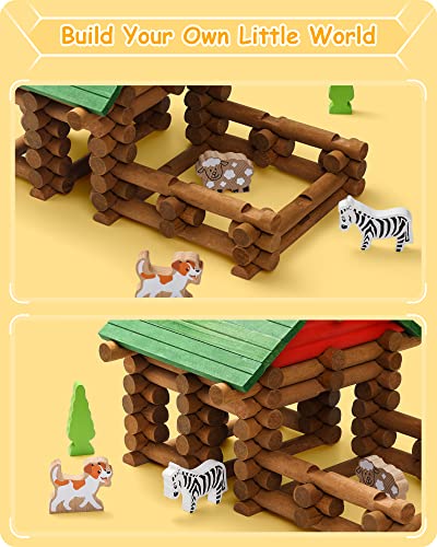SainSmart Jr. 110 PCS Wooden Log Cabin Set Building House Toy for Toddlers, Classic STEM Construction Kit with Colorful Wood Logs Blocks for 3+ Years Old