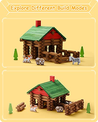 SainSmart Jr. 110 PCS Wooden Log Cabin Set Building House Toy for Toddlers, Classic STEM Construction Kit with Colorful Wood Logs Blocks for 3+ Years Old