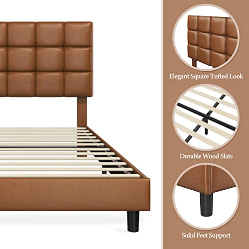 Yaheetech Upholstered Platform Bed Frame with Square Tufted Faux Leather Headboard Height Adjustable, Mattress Foundation Wooden Slats Support No Box Spring Needed, Amber Brown-Queen