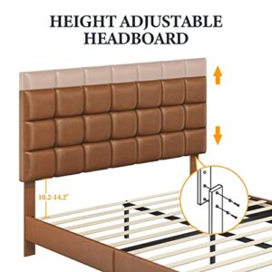 Yaheetech Upholstered Platform Bed Frame with Square Tufted Faux Leather Headboard Height Adjustable, Mattress Foundation Wooden Slats Support No Box Spring Needed, Amber Brown-Queen