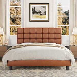 Yaheetech Upholstered Platform Bed Frame with Square Tufted Faux Leather Headboard Height Adjustable, Mattress Foundation Wooden Slats Support No Box Spring Needed, Amber Brown-Queen