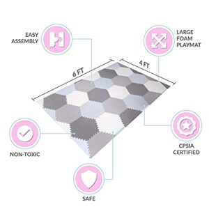 Baby Brielle Soft Non-Toxic Extra Thick Interlocking Hexagon Tile Foam for Babies and Toddlers - Exercise Mats for Crawling, Playing Grey & White Floor Mat for Nursery, Play Room - 48”x72”, 38 Pieces