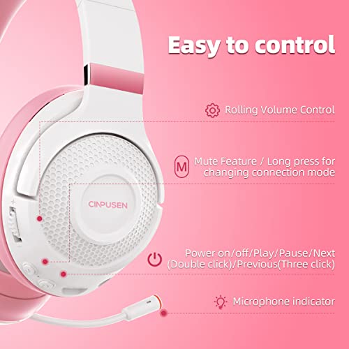 2.4Ghz Wireless Gaming Headset for PC, PS5, PS4, MacBook, with Microphone, Over-Ear Bluetooth Gaming Headphones for Cell Phone, Soft Earmuff - 25 Hours Playtime, Only Wired Mode for Xbox Series, Pink