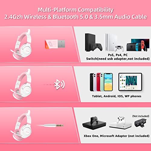 2.4Ghz Wireless Gaming Headset for PC, PS5, PS4, MacBook, with Microphone, Over-Ear Bluetooth Gaming Headphones for Cell Phone, Soft Earmuff - 25 Hours Playtime, Only Wired Mode for Xbox Series, Pink