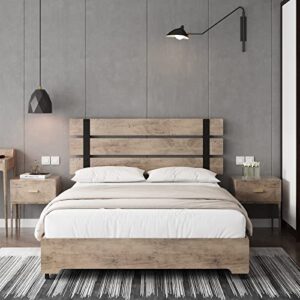 queen bed frame with 4 storage drawers, rustic wooden headboard and footboard platform bed frame with strong wood slats and 9 metal legs support, no box spring needed, easy assembly, wood-grain brown
