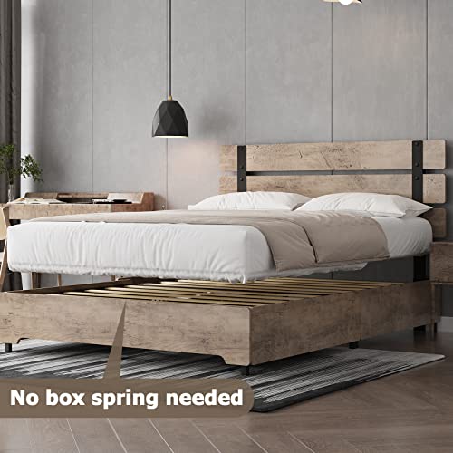 Queen Bed Frame with 4 Storage Drawers, Rustic Wooden Headboard and Footboard Platform Bed Frame with Strong Wood Slats and 9 Metal Legs Support, No Box Spring Needed, Easy Assembly, Wood-grain Brown