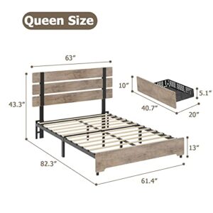 Queen Bed Frame with 4 Storage Drawers, Rustic Wooden Headboard and Footboard Platform Bed Frame with Strong Wood Slats and 9 Metal Legs Support, No Box Spring Needed, Easy Assembly, Wood-grain Brown