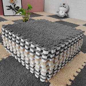 12-piece thickened plush foam interlocking floor mat 0.6" thick- fluffy square interlocking foam tiles with 12 edgings soft anti-slip puzzle area rug playmat for room floor (11.8", gray & light brown)