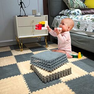 12-Piece Thickened Plush Foam Interlocking Floor Mat 0.6" Thick- Fluffy Square Interlocking Foam Tiles with 12 Edgings Soft Anti-slip Puzzle Area Rug Playmat for Room Floor (11.8", Gray & Light Brown)