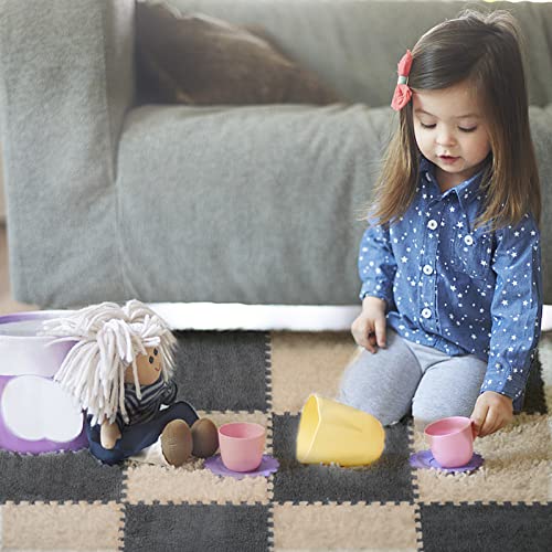 12-Piece Thickened Plush Foam Interlocking Floor Mat 0.6" Thick- Fluffy Square Interlocking Foam Tiles with 12 Edgings Soft Anti-slip Puzzle Area Rug Playmat for Room Floor (11.8", Gray & Light Brown)