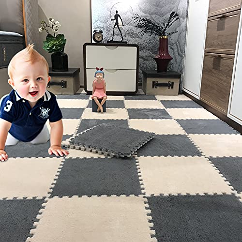 12-Piece Thickened Plush Foam Interlocking Floor Mat 0.6" Thick- Fluffy Square Interlocking Foam Tiles with 12 Edgings Soft Anti-slip Puzzle Area Rug Playmat for Room Floor (11.8", Gray & Light Brown)