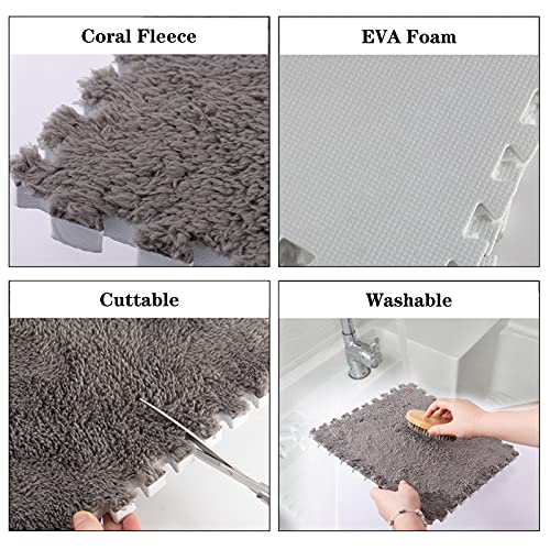 12-Piece Thickened Plush Foam Interlocking Floor Mat 0.6" Thick- Fluffy Square Interlocking Foam Tiles with 12 Edgings Soft Anti-slip Puzzle Area Rug Playmat for Room Floor (11.8", Gray & Light Brown)