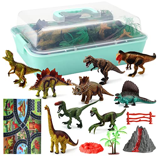 Deejoy Dinosaur Toys,Activity Play Mat & Trees & rockery,Realistic Jurassic Dinosaur Playset to Create a Dino World Including T-Rex,Triceratops,Velociraptor,Great Gift for Boys Girls 3-5