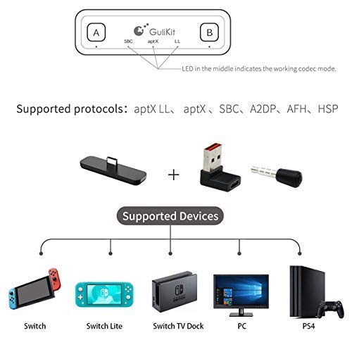 GuliKit Route Air Pro Bluetooth Adapter for Nintendo Switch/Switch OLED/Switch Lite PS4 PC, Bluetooth Wireless Audio Transmitter with aptX LL, Support in-Game Voice Chat, Connect Bluetooth Headphones